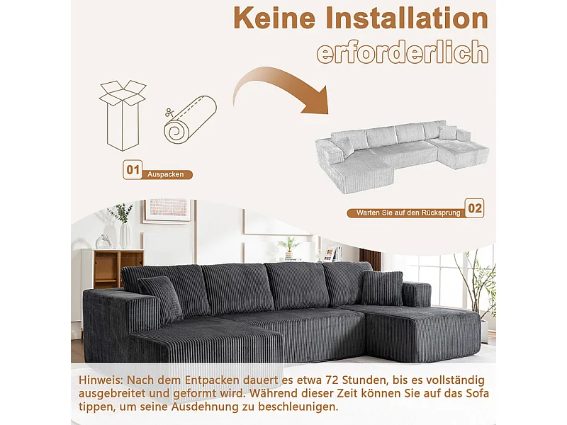 Canapé d'angle panoramique - en Velours côtelé Gris - avec 4 coussins, 2 oreillers et 2 méridiennes - 332x156x88cm