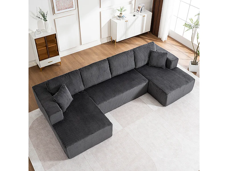 Canapé d'angle panoramique - en Velours côtelé Gris - avec 4 coussins, 2 oreillers et 2 méridiennes - 332x156x88cm