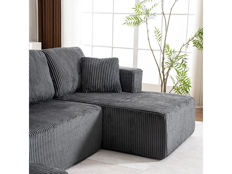 Canapé d'angle panoramique - en Velours côtelé Gris - avec 4 coussins, 2 oreillers et 2 méridiennes - 332x156x88cm