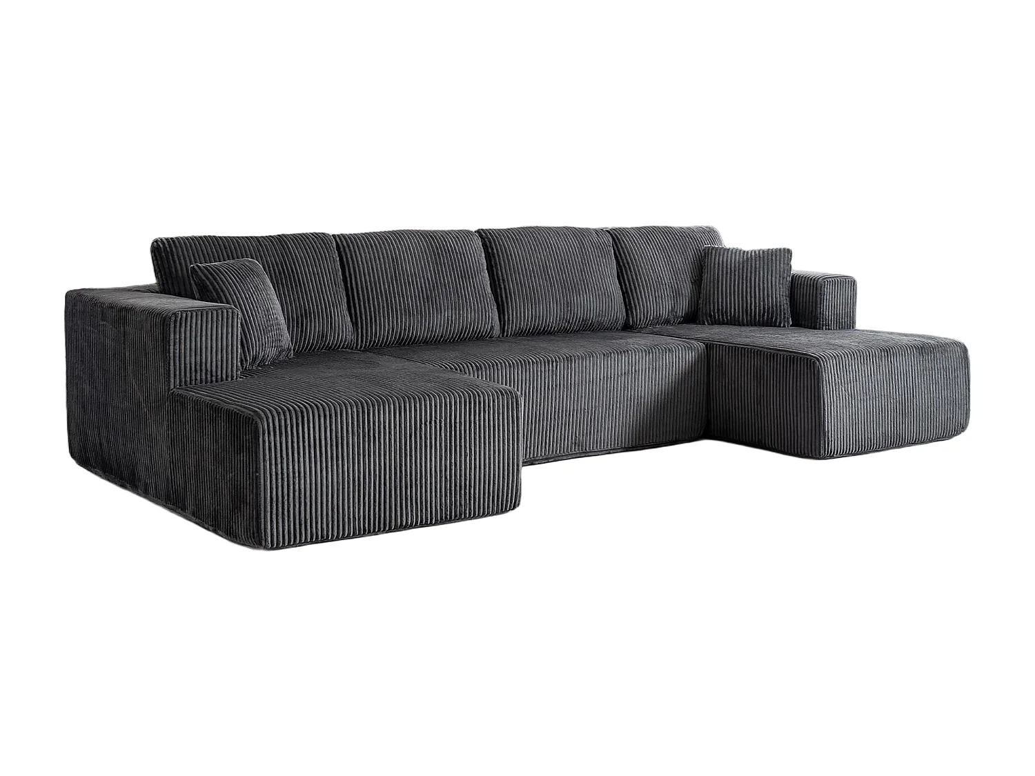 Canapé d'angle panoramique - en Velours côtelé Gris - avec 4 coussins, 2 oreillers et 2 méridiennes - 332x156x88cm