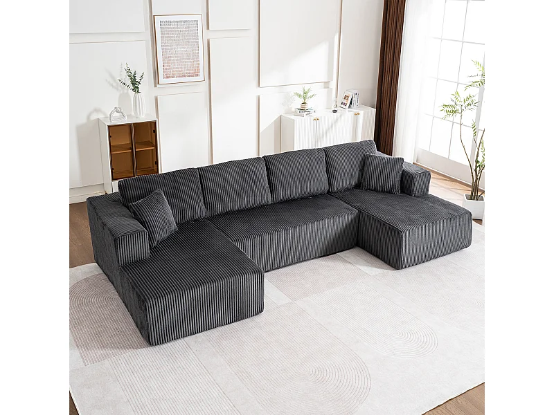 Canapé d'angle panoramique - en Velours côtelé Gris - avec 4 coussins, 2 oreillers et 2 méridiennes - 332x156x88cm