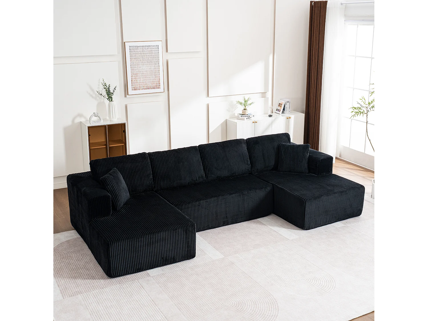 Canapé d'angle panoramique - en Velours côtelé Noir - avec 4 coussins, 2 oreillers et 2 méridiennes - 332x156x88cm