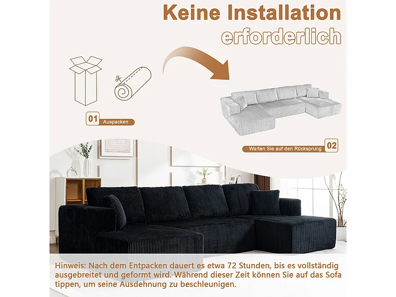 Canapé d'angle panoramique - en Velours côtelé Noir - avec 4 coussins, 2 oreillers et 2 méridiennes - 332x156x88cm