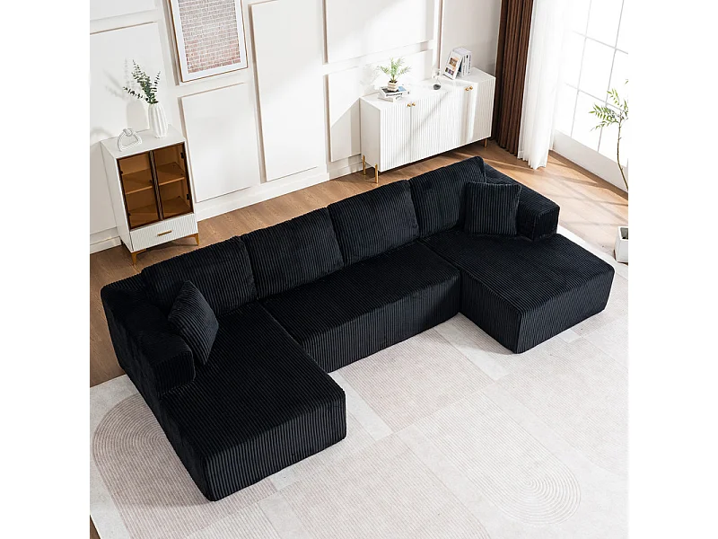 Canapé d'angle panoramique - en Velours côtelé Noir - avec 4 coussins, 2 oreillers et 2 méridiennes - 332x156x88cm