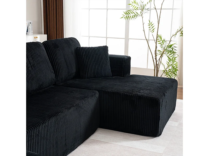 Canapé d'angle panoramique - en Velours côtelé Noir - avec 4 coussins, 2 oreillers et 2 méridiennes - 332x156x88cm