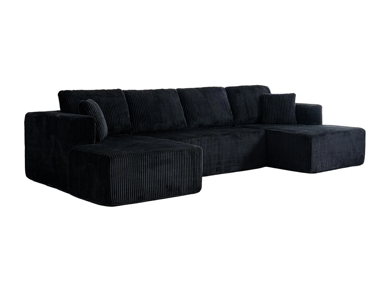 Canapé d'angle panoramique - en Velours côtelé Noir - avec 4 coussins, 2 oreillers et 2 méridiennes - 332x156x88cm