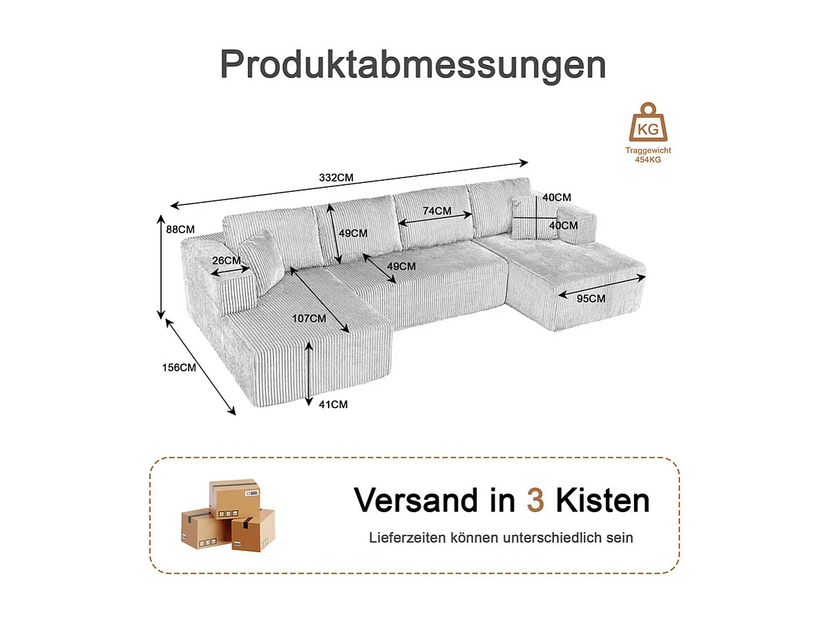 Canapé d'angle panoramique - en Velours côtelé Beige - avec 4 coussins, 2 oreillers et 2 méridiennes - 332x156x88cm