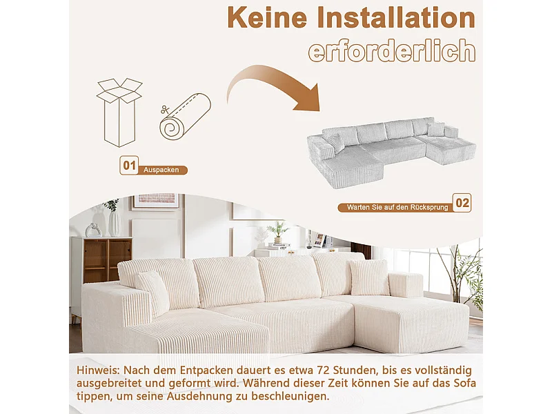 Canapé d'angle panoramique - en Velours côtelé Beige - avec 4 coussins, 2 oreillers et 2 méridiennes - 332x156x88cm