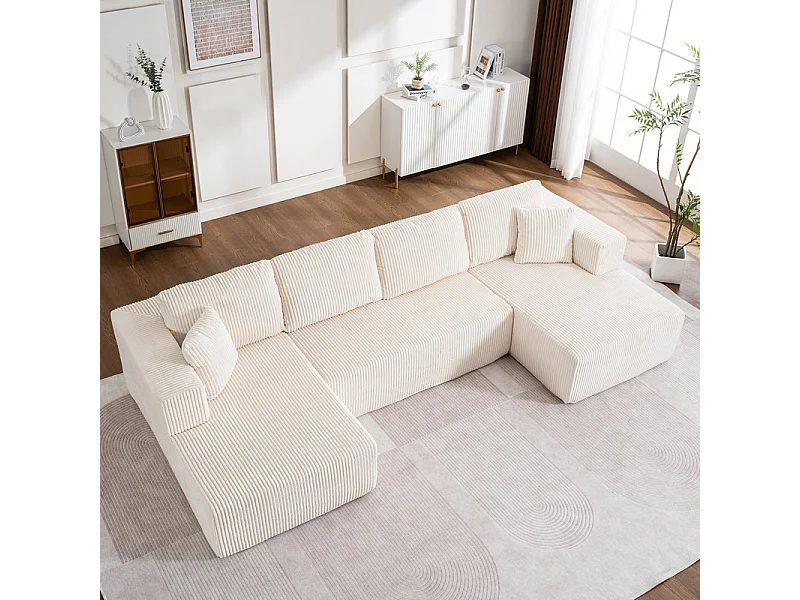 Canapé d'angle panoramique - en Velours côtelé Beige - avec 4 coussins, 2 oreillers et 2 méridiennes - 332x156x88cm