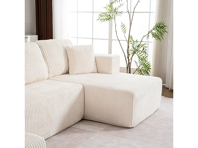 Canapé d'angle panoramique - en Velours côtelé Beige - avec 4 coussins, 2 oreillers et 2 méridiennes - 332x156x88cm