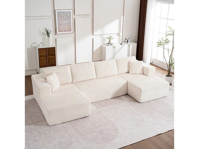 Divano angolare panoramico - Velluto a coste Beige - 4 cuscini, 2 guanciali, 2 chaises - 332x156x88cm