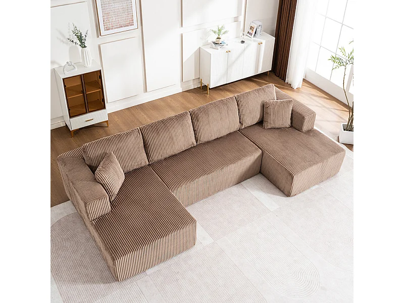 Canapé d'angle panoramique - en Velours côtelé Marron - avec 4 coussins, 2 oreillers et 2 méridiennes - 332x156x88cm