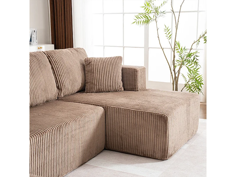 Canapé d'angle panoramique - en Velours côtelé Marron - avec 4 coussins, 2 oreillers et 2 méridiennes - 332x156x88cm