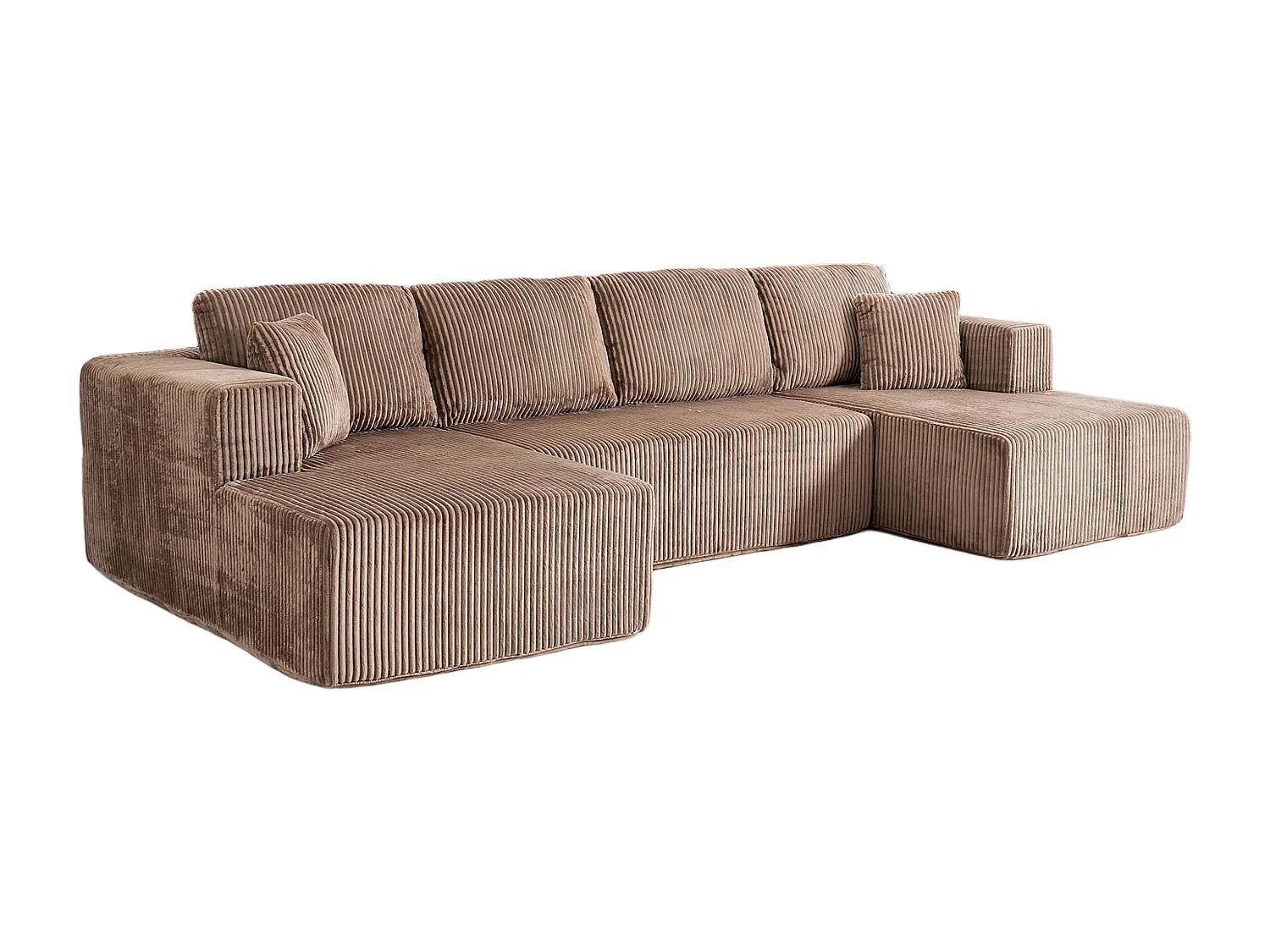 Canapé d'angle panoramique - en Velours côtelé Marron - avec 4 coussins, 2 oreillers et 2 méridiennes - 332x156x88cm