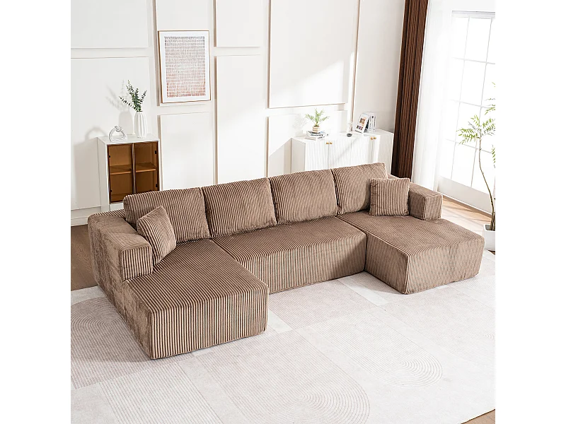 Divano angolare panoramico - Velluto a coste Marrone - 4 cuscini, 2 guanciali, 2 chaises - 332x156x88cm