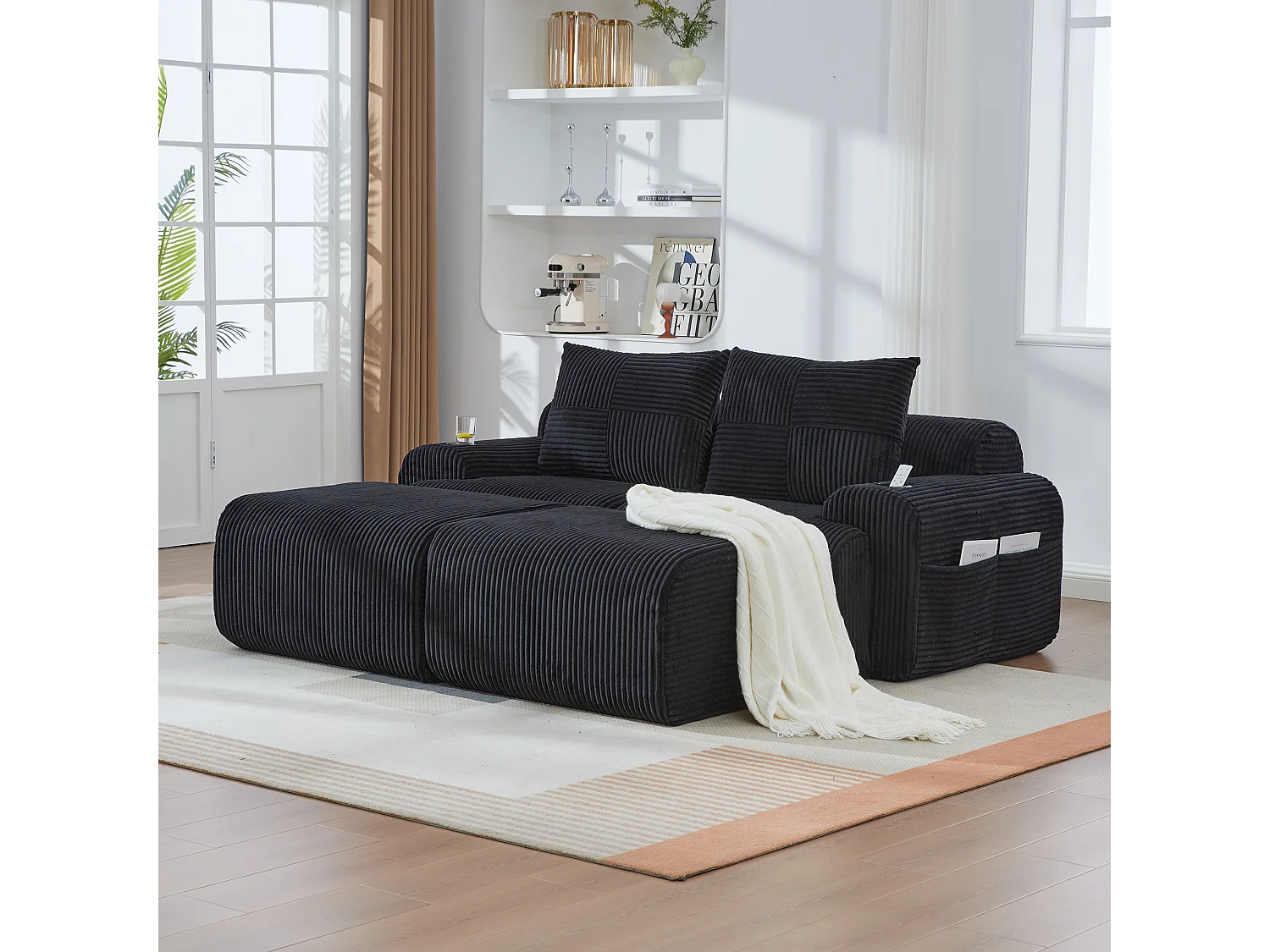 Canapé d'angle Modulable en Velours côtelé, avec porte-gobelets, 2 pouf et 2 coussins, 200x174x80cm, Noir