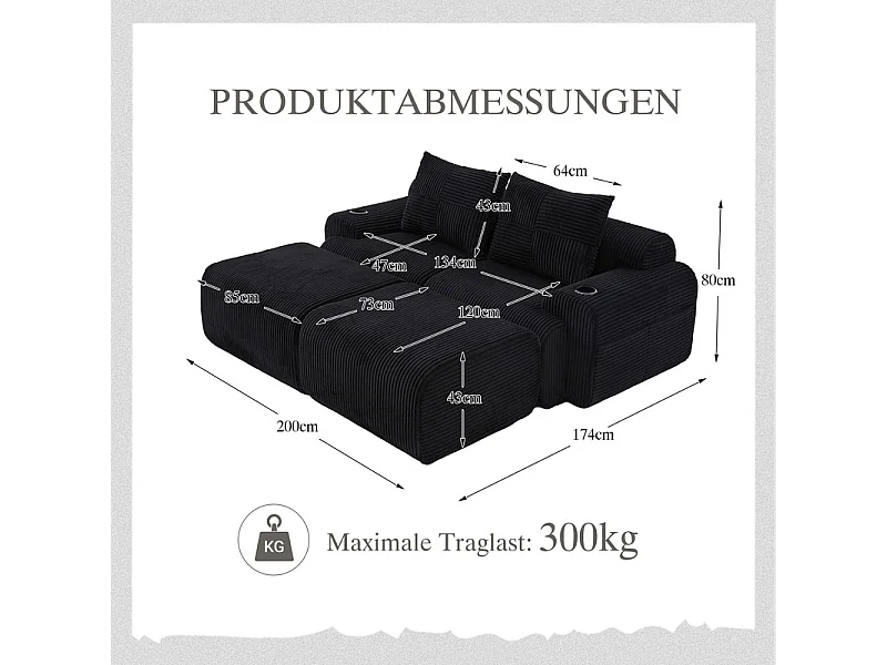 Canapé d'angle Modulable en Velours côtelé, avec porte-gobelets, 2 pouf et 2 coussins, 200x174x80cm, Noir