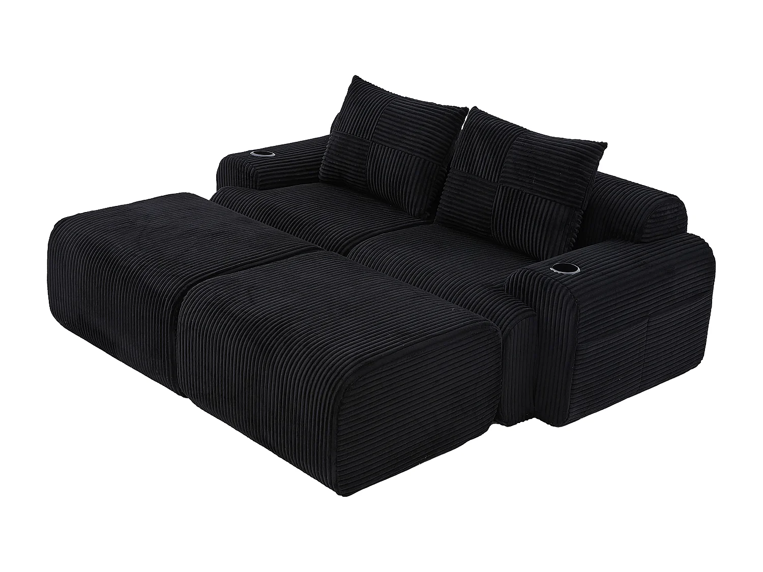 Canapé d'angle Modulable en Velours côtelé, avec porte-gobelets, 2 pouf et 2 coussins, 200x174x80cm, Noir
