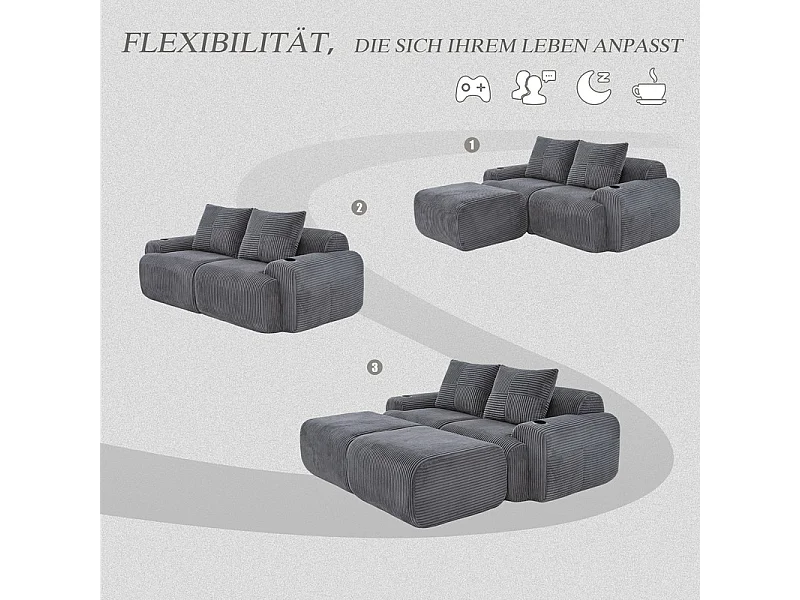 Canapé d'angle Modulable en Velours côtelé, avec porte-gobelets, 2 pouf et 2 coussins, 200x174x80cm, Gris anthracite