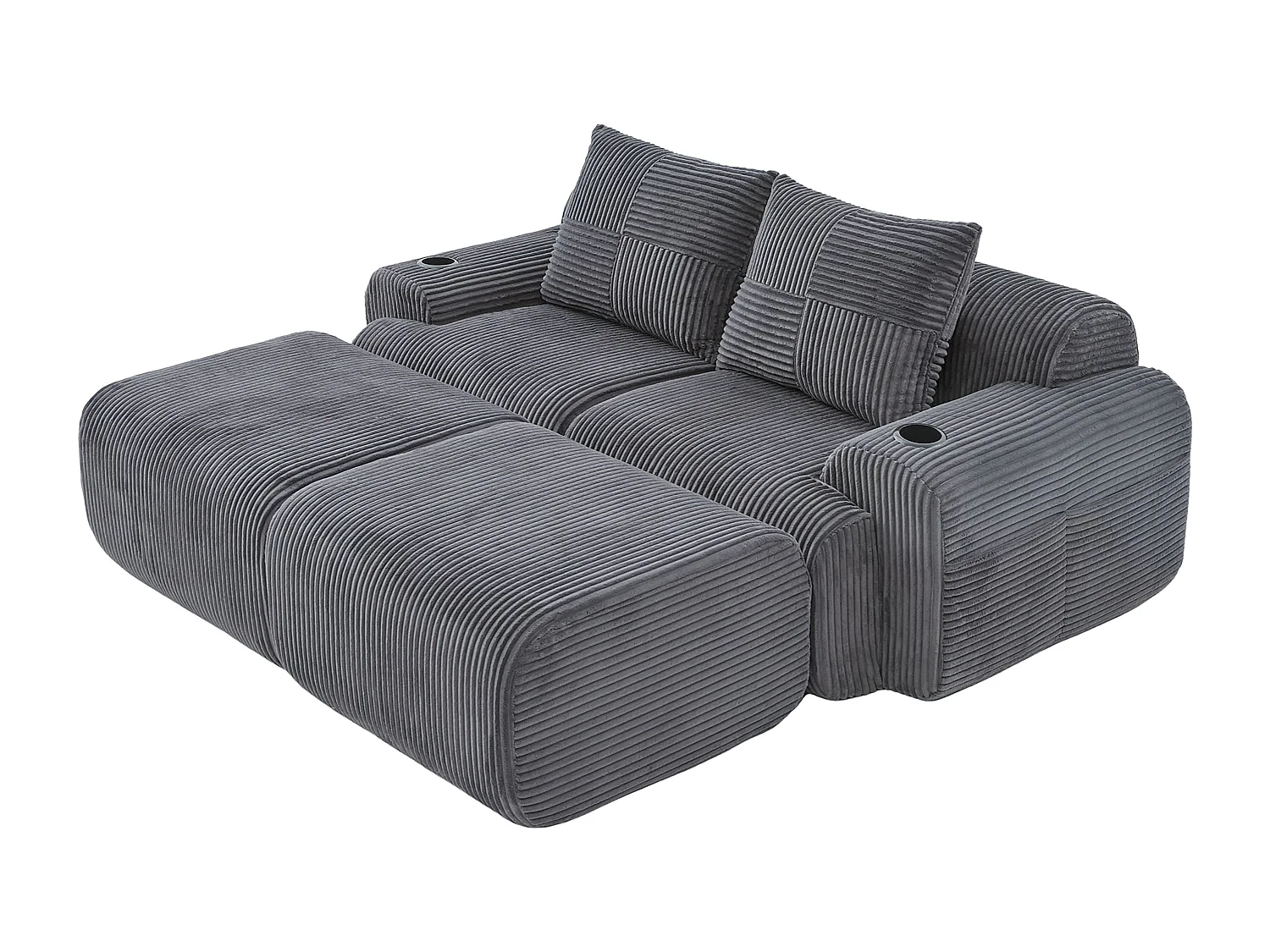 Canapé d'angle Modulable en Velours côtelé, avec porte-gobelets, 2 pouf et 2 coussins, 200x174x80cm, Gris anthracite