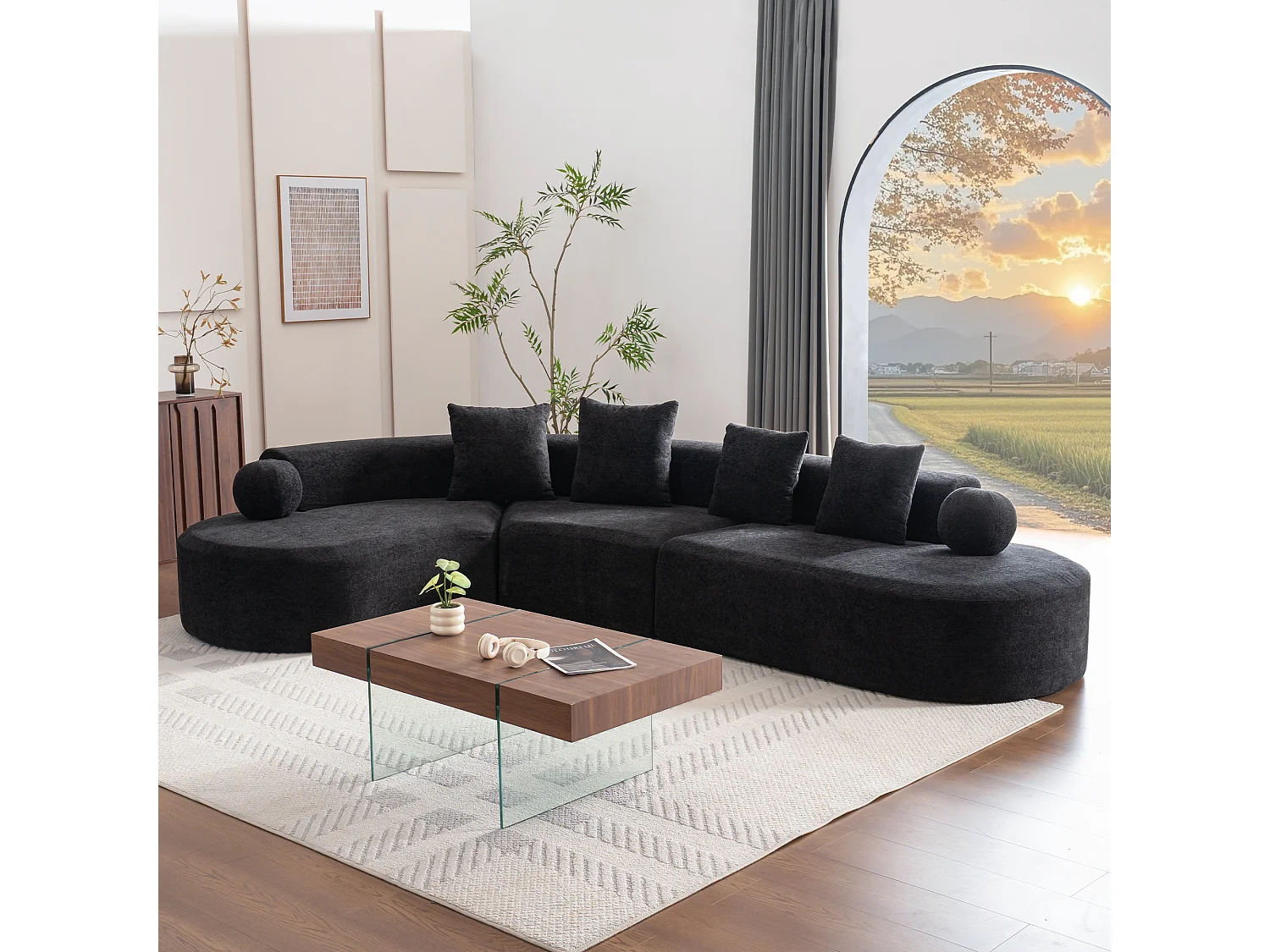 Canapé d'angle gauche modulable en Chenille - 5 Places - avec 4 oreillers - Noir - 327x215x65cm