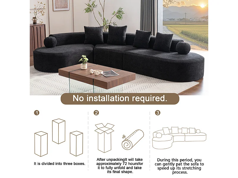 Canapé d'angle gauche modulable en Chenille - 5 Places - avec 4 oreillers - Noir - 327x215x65cm