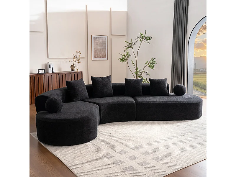 Canapé d'angle gauche modulable en Chenille - 5 Places - avec 4 oreillers - Noir - 327x215x65cm
