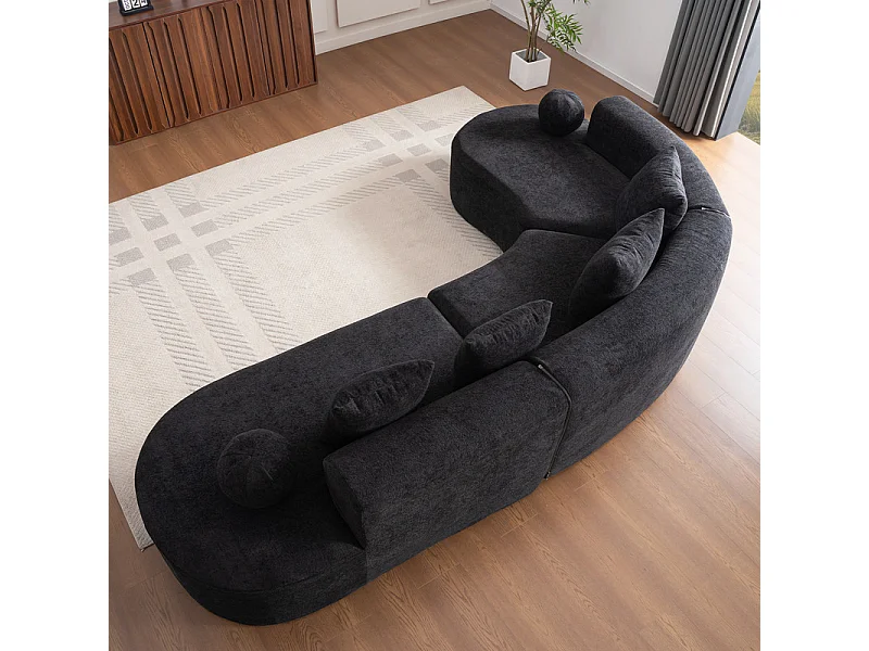 Canapé d'angle gauche modulable en Chenille - 5 Places - avec 4 oreillers - Noir - 327x215x65cm