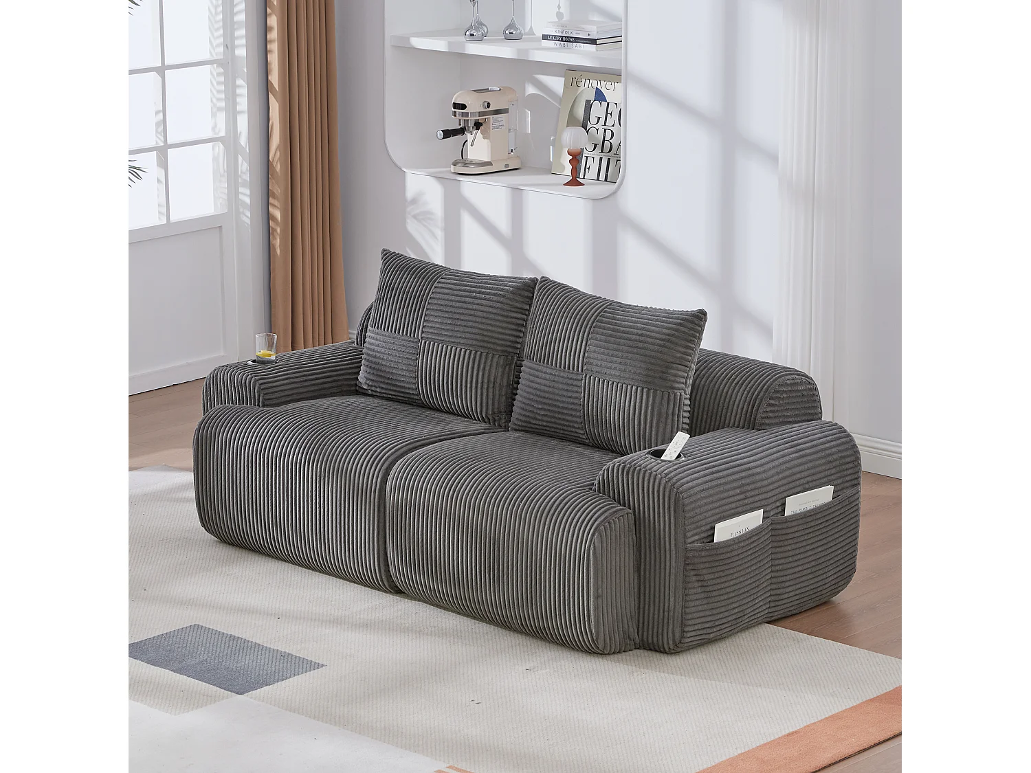 Canapé 2 places modulable en Velours côtelé, avec porte-gobelets et poche latérale, 200x99x80cm, Gris anthracite