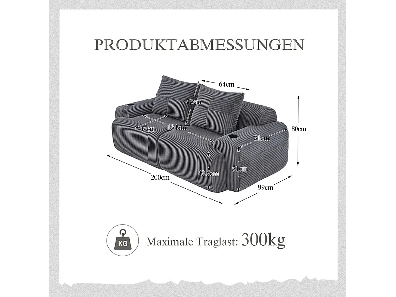 Canapé 2 places modulable en Velours côtelé, avec porte-gobelets et poche latérale, 200x99x80cm, Gris anthracite