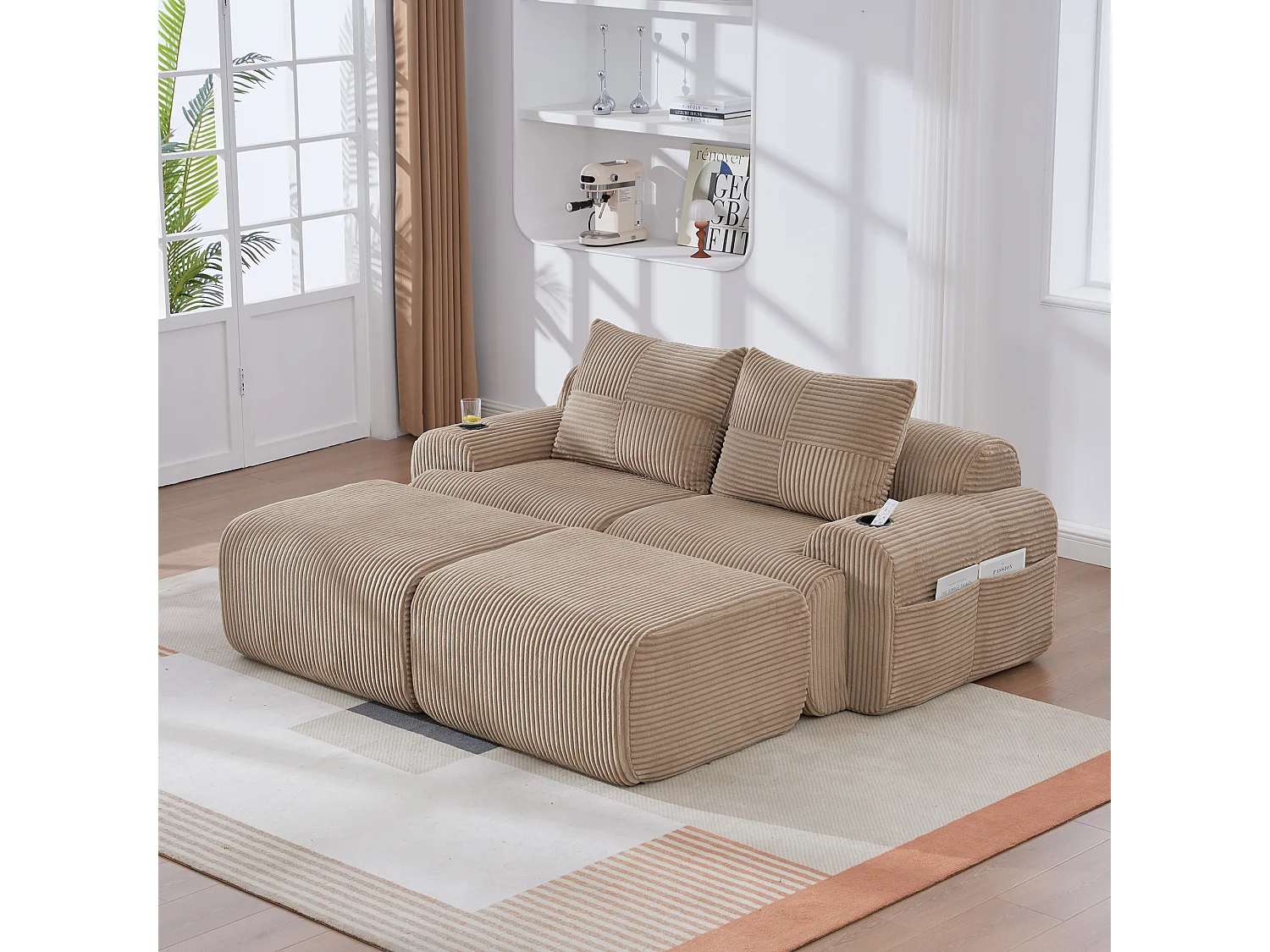 Canapé d'angle Modulable en Velours côtelé, avec porte-gobelets, 2 pouf et 2 coussins, 200x174x80cm, Kaki