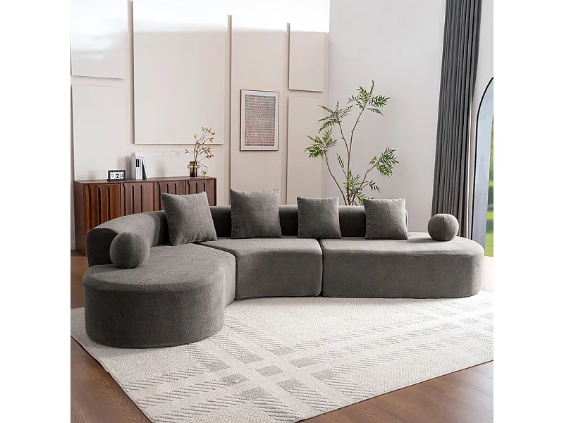 Canapé d'angle gauche modulable en Chenille - 5 Places - avec 4 oreillers - Gris - 327x215x65cm