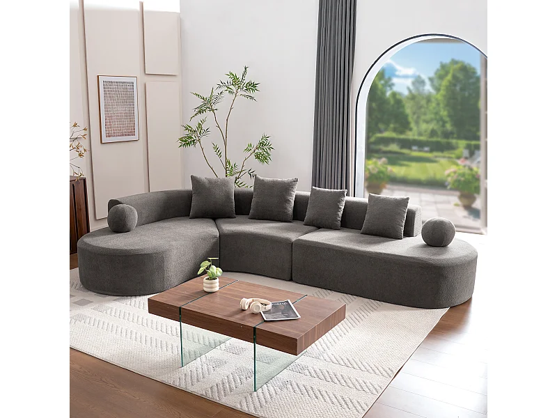 Canapé d'angle gauche modulable en Chenille - 5 Places - avec 4 oreillers - Gris - 327x215x65cm