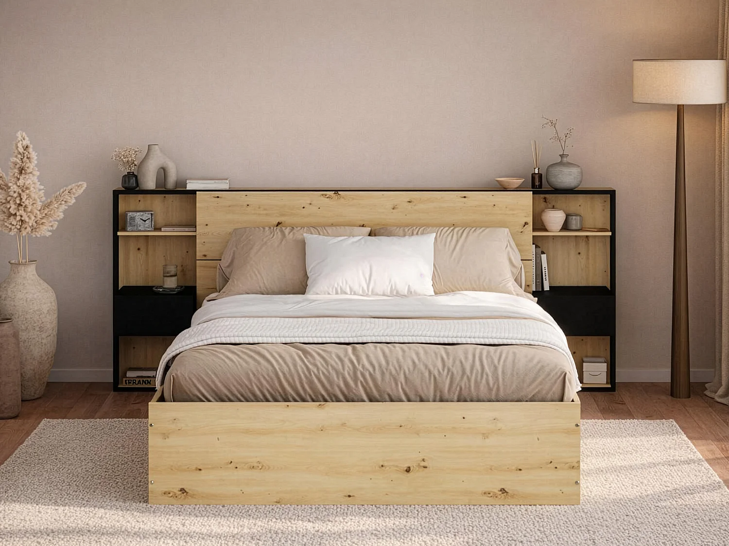 Lit coffre 160 x 200 cm avec chevets - Coloris : Naturel et noir + Matelas - LUDARO