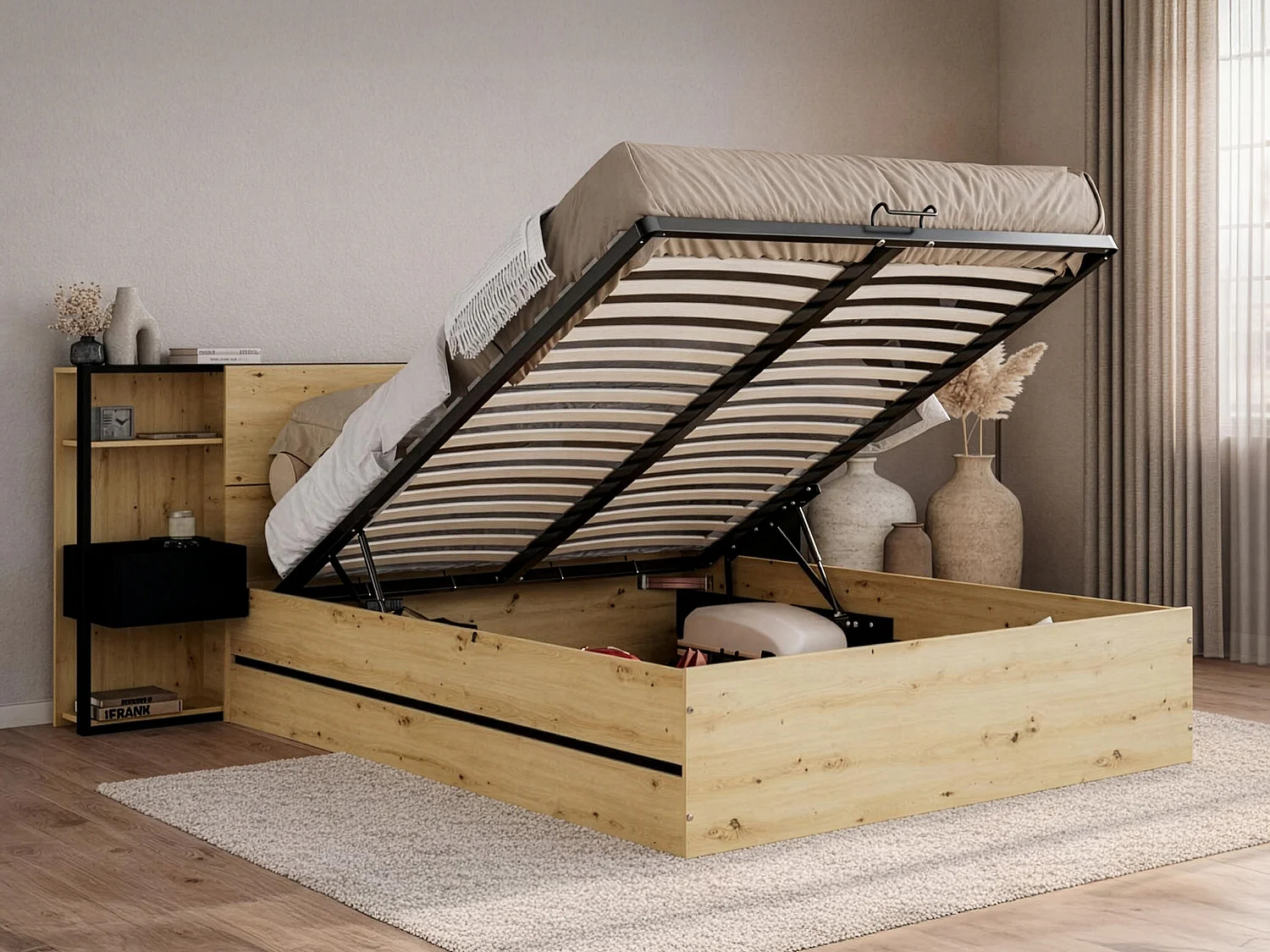 Lit coffre 160 x 200 cm avec chevets - Coloris : Naturel et noir + Matelas - LUDARO