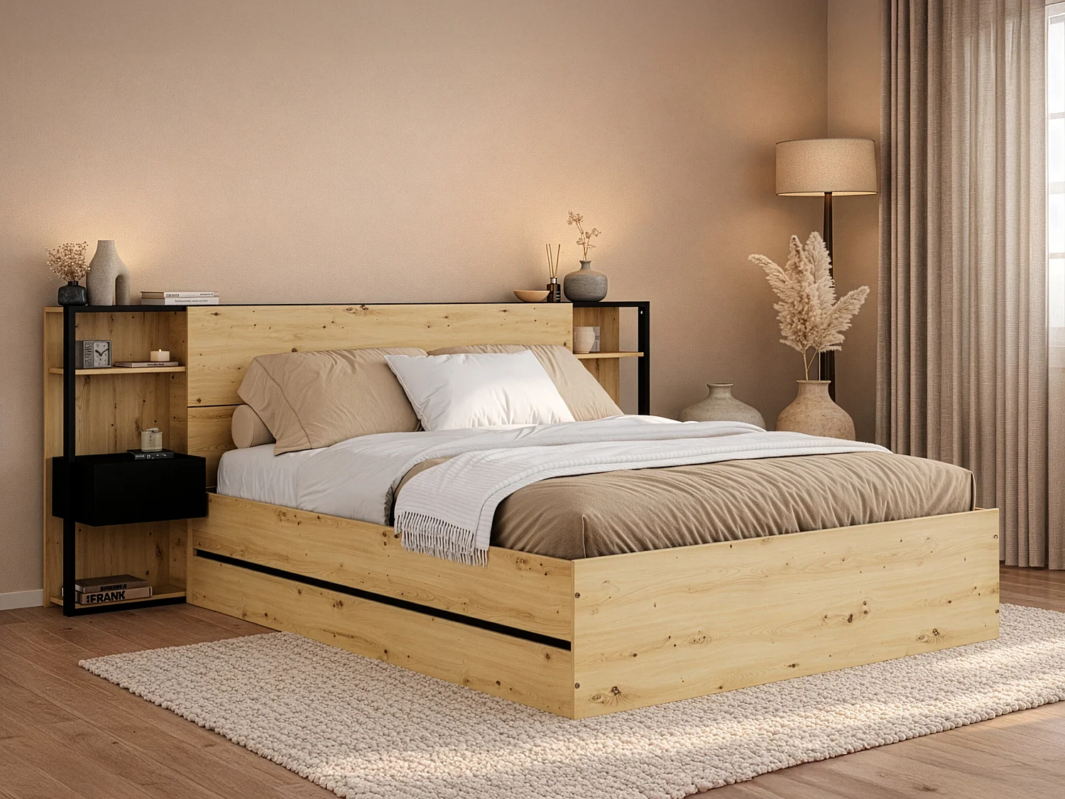 Lit coffre 160 x 200 cm avec chevets - Coloris : Naturel et noir + Matelas - LUDARO