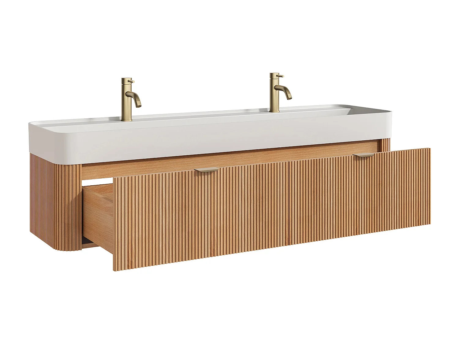 Móvel de casa de banho suspenso estriado em madeira de freixo com lavatório duplo para  encastrar e torneira - Natural claro - 150 cm - BULMAS