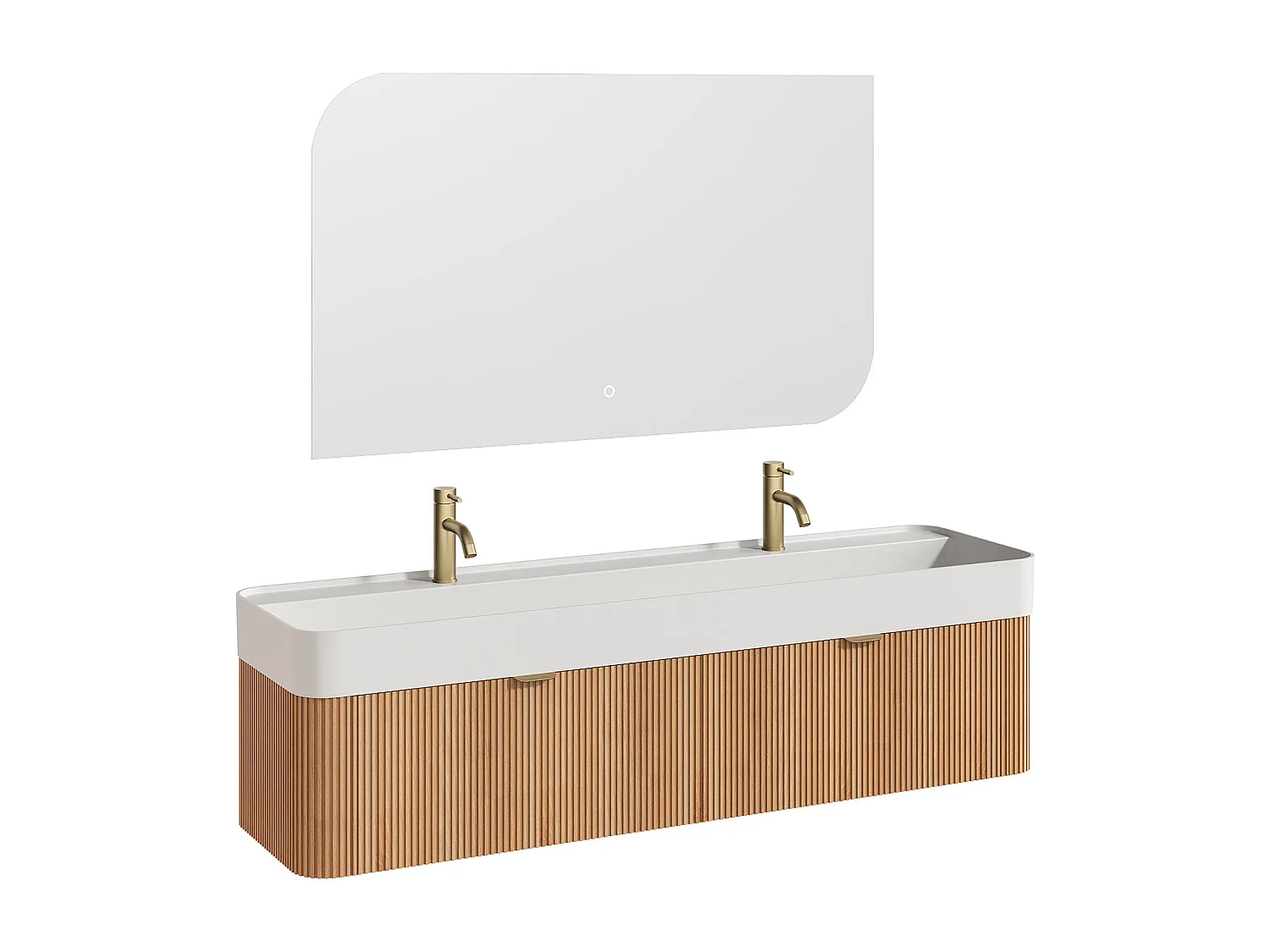 Móvel de casa de banho suspenso estriado em madeira de freixo com lavatório duplo para  encastrar, torneira e espelho - Natural claro - 150 cm - BULMAS