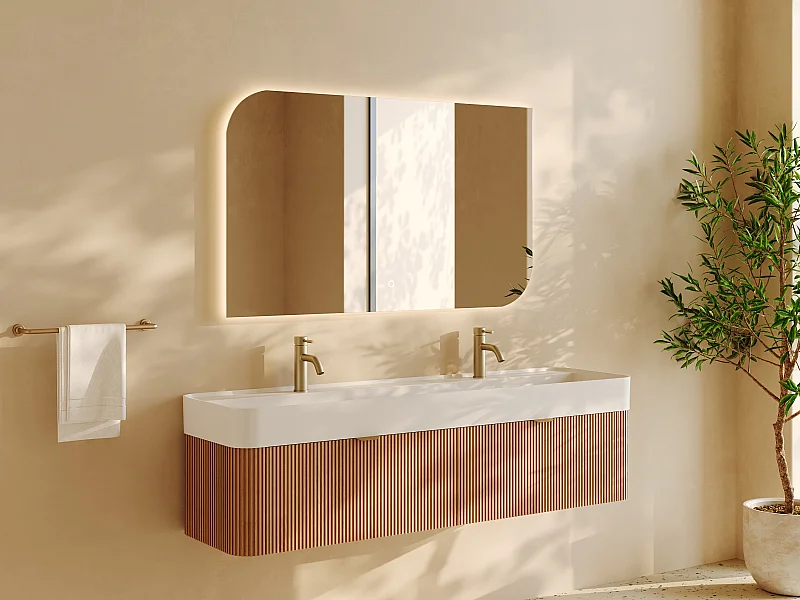 Móvel de casa de banho suspenso estriado em madeira de freixo com lavatório duplo para  encastrar, torneira e espelho - Natural claro - 150 cm - BULMAS