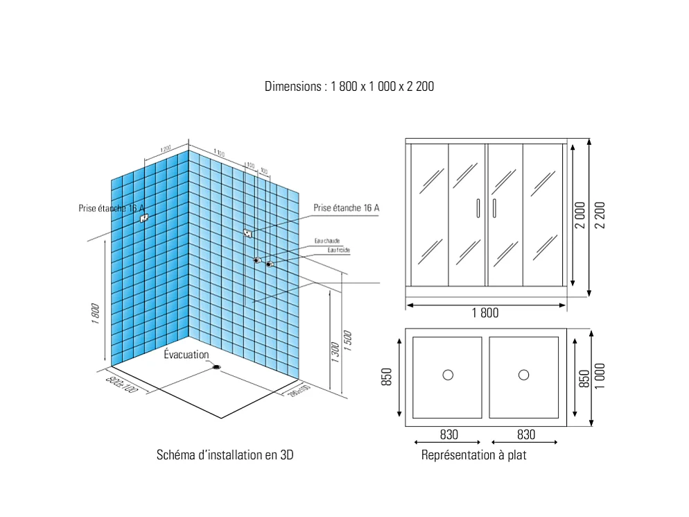 Combi Sauna Infrarouge Douche Hammam Boreal® IR-H 180G - Gauche