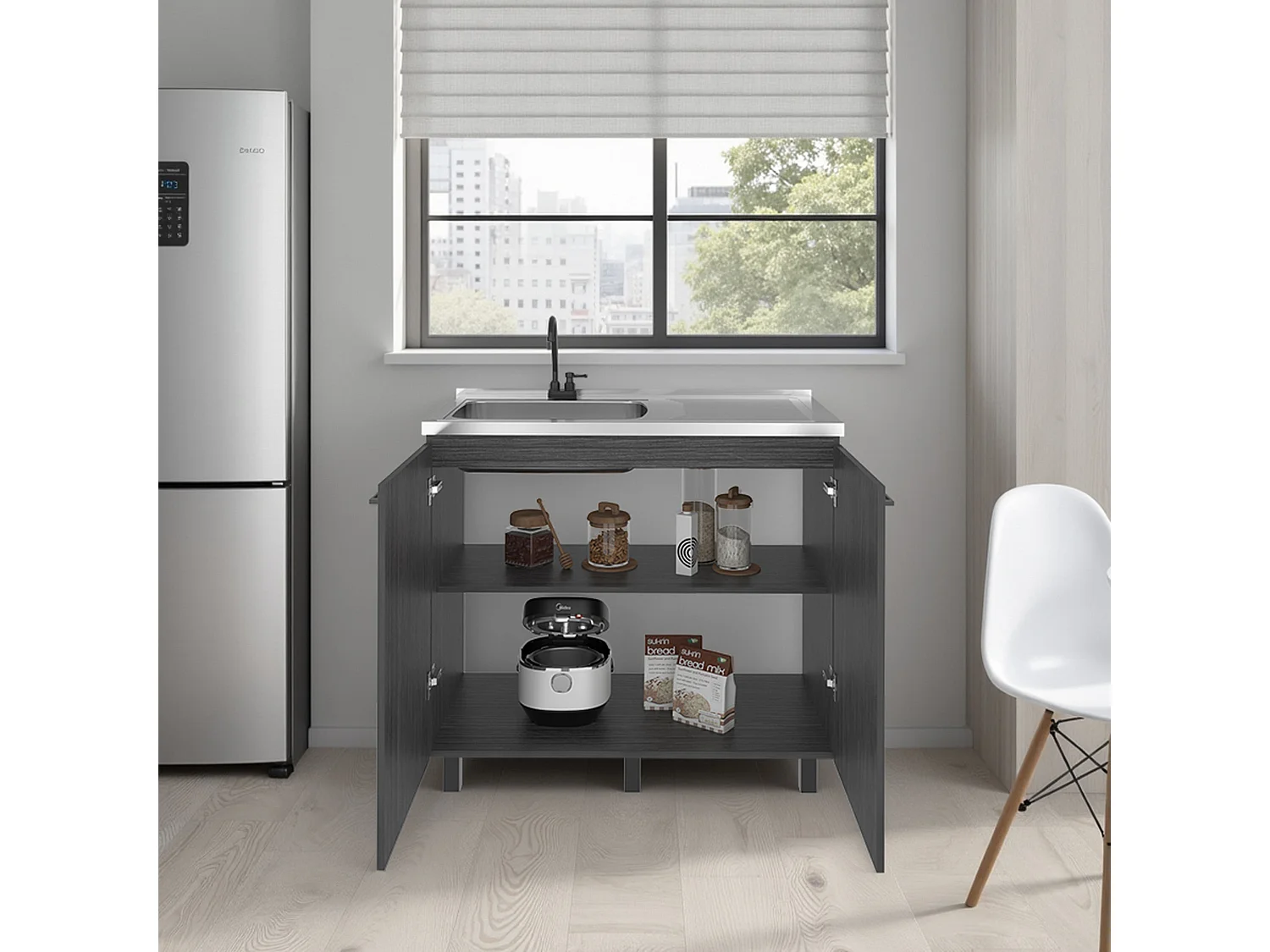 Mobile basso Napoles con lavandino, rovere grigio