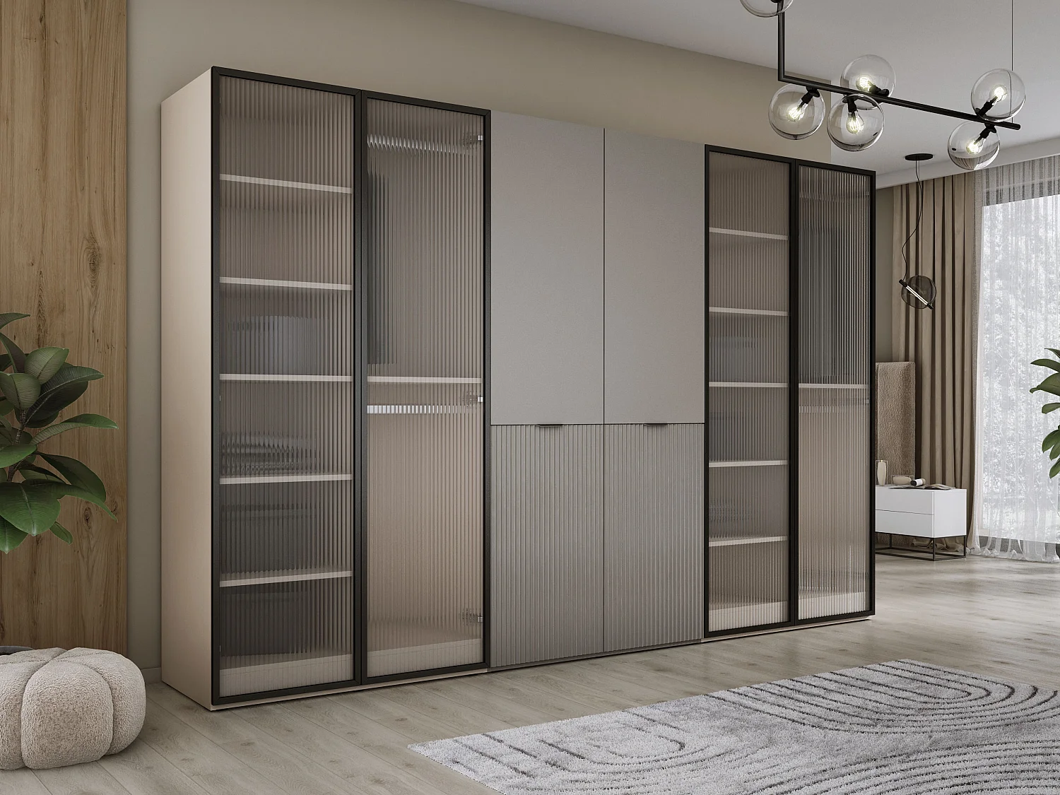 Schrank: Geriffeltes Glas / Platingrau, 300 x 200 x 51 cm