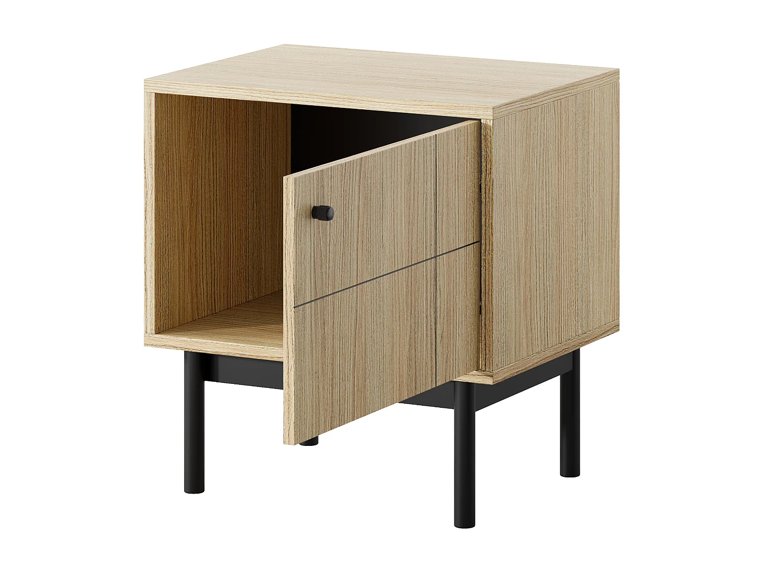 Nachttisch: Eichenfarbe Linea, schwarze Beine, 53,5 cm x 56,6 cm x 39 cm