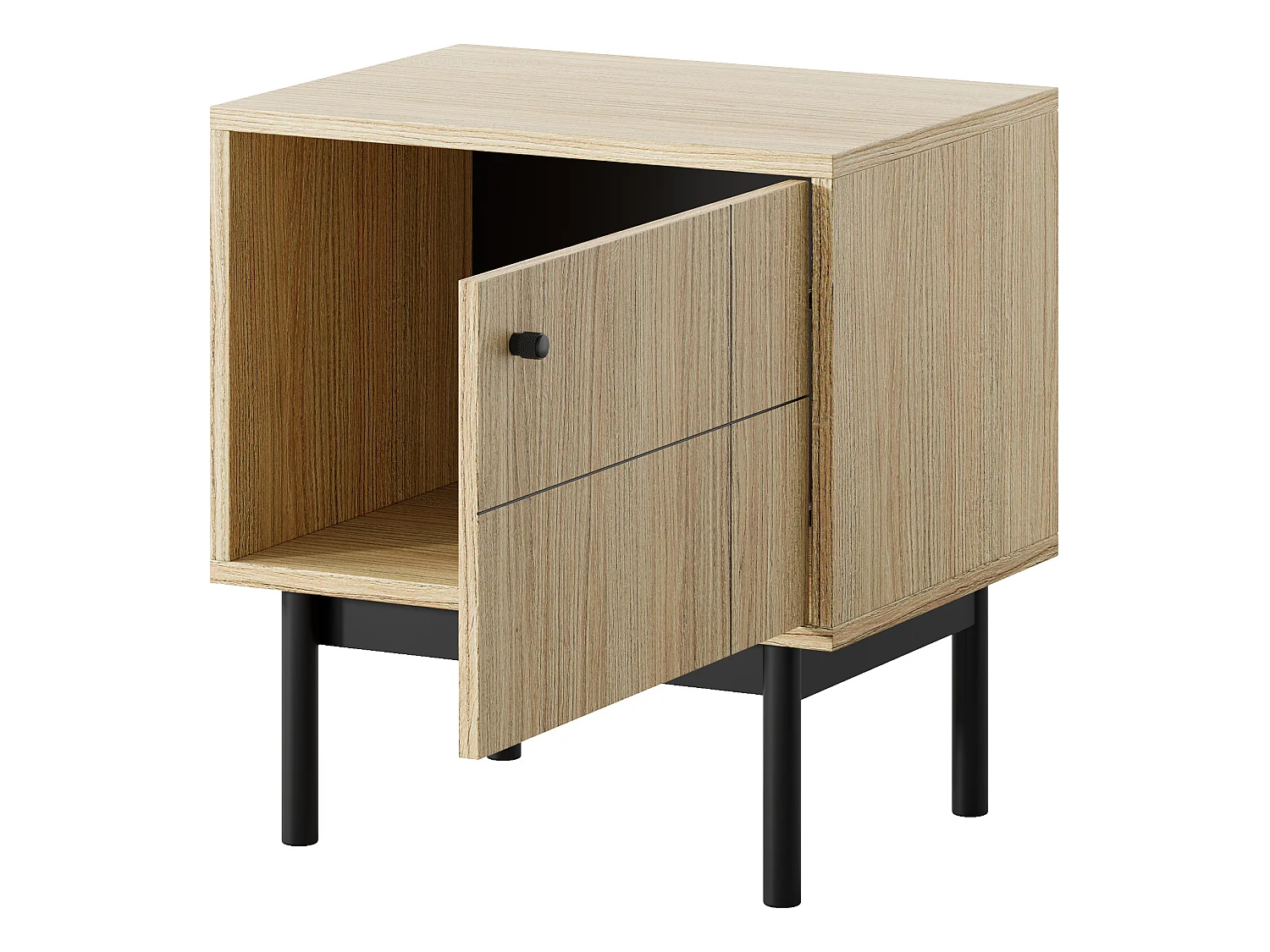 Table de chevet : couleur chêne linea, pieds noir, 53,5 cm x 56,6 x 39 cm