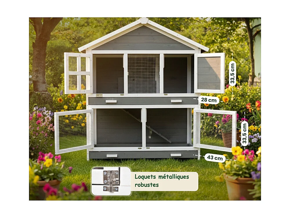 Cage Clapier Enclos pour lapins Extérieur et intérieur en bois 115 x 60 x 118 cm. Modele Murmel