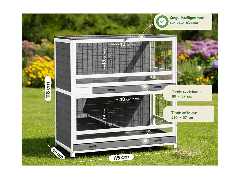 Cage Clapier Enclos pour lapins avec roulettes 115 x 60 x 118 cm.Modele Oscar