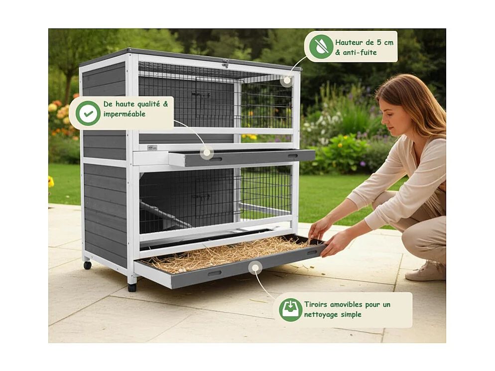 Cage Clapier Enclos pour lapins avec roulettes 115 x 60 x 118 cm.Modele Oscar