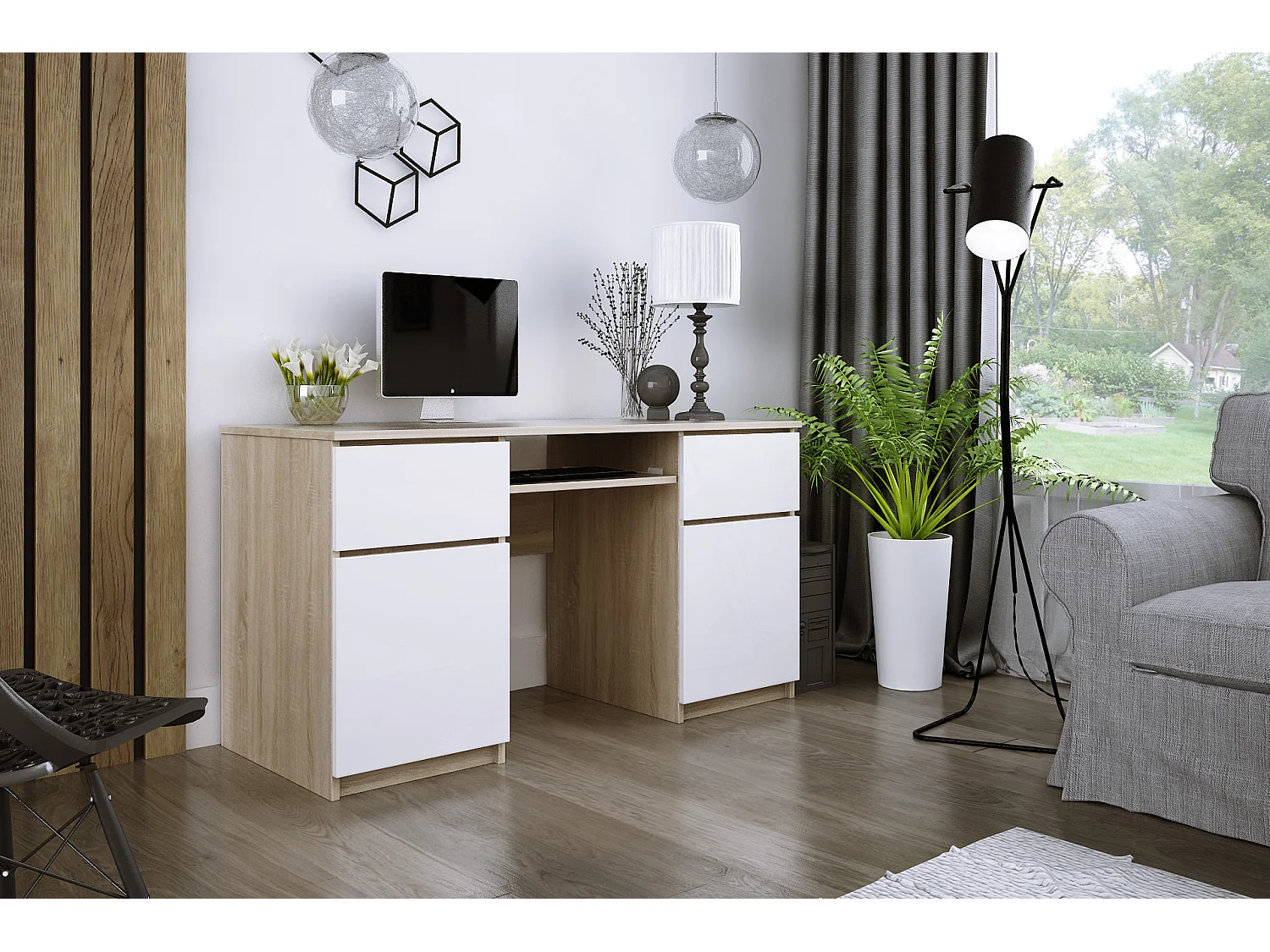 Scrivania: 2 cassetti, Rovere Sonoma / Bianco Opaco, 135 x 77 x 50 cm