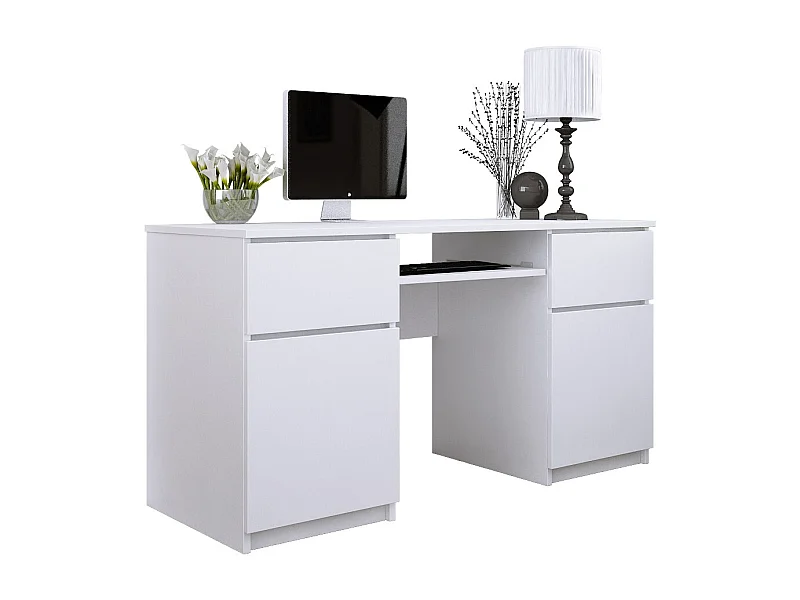 Bureau : 2 Tiroirs, Blanc Mat, 135 x 77 x 50 cm