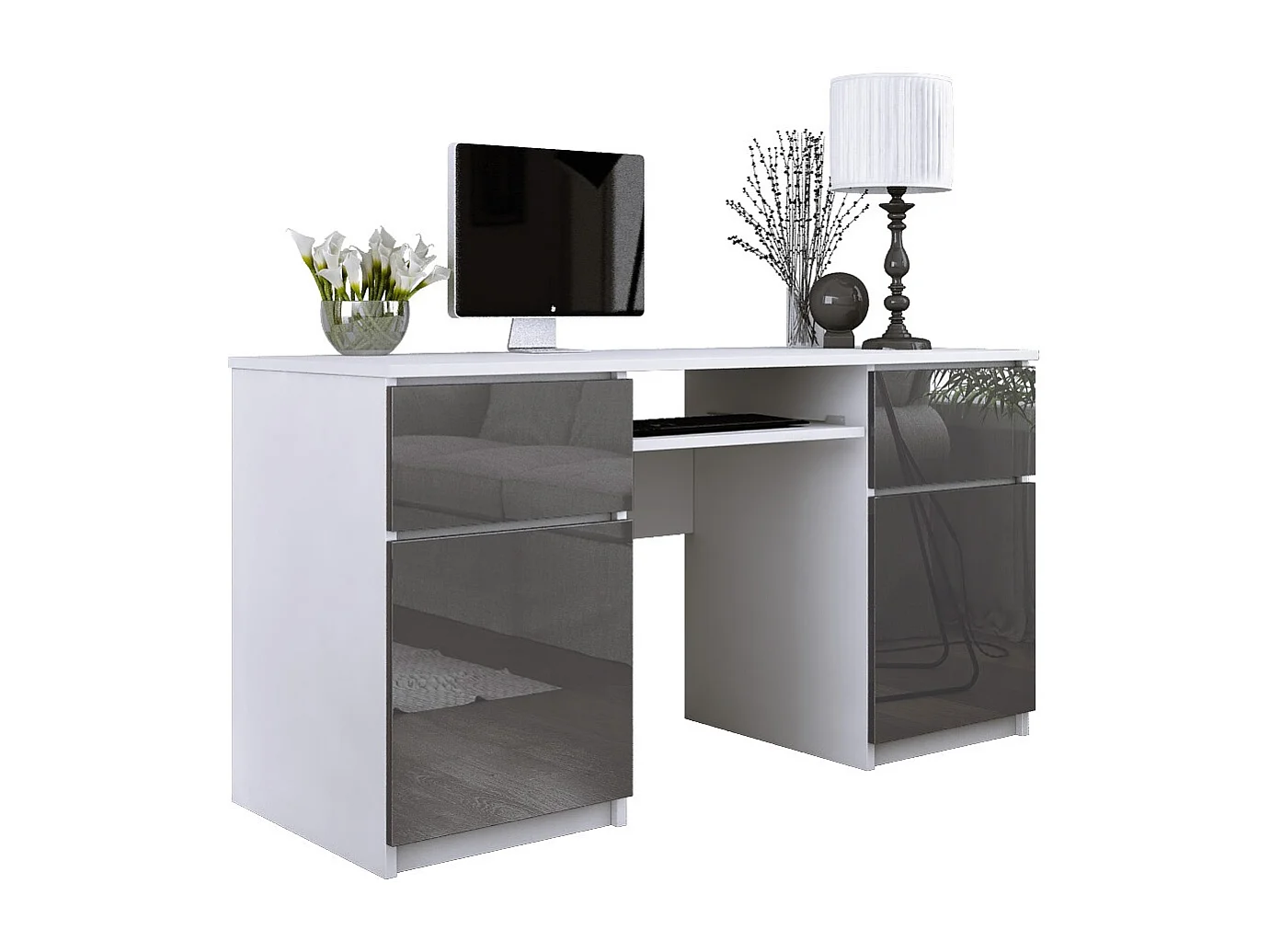 Bureau: 2 lades, mat wit / glanzend grijs, 135 x 77 x 50 cm